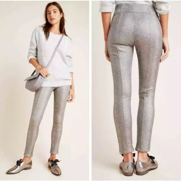 ANTHROPOLOGIE Pants Taupe Snakeskin Animal Pull On Ankle Zip Skinny - Picture 3 of 14